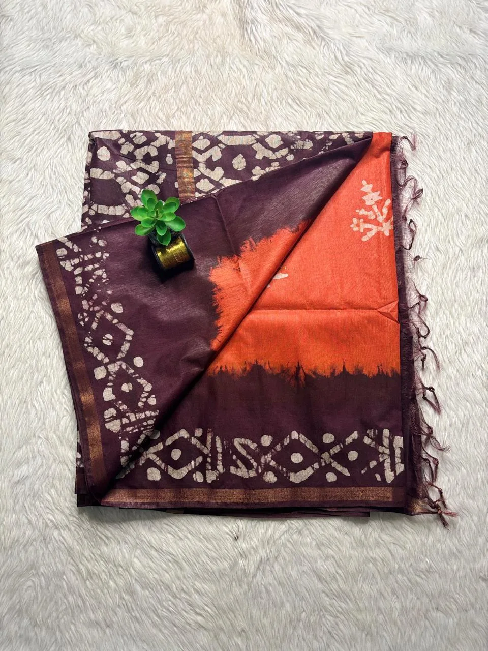 Kota Cotton with Running Blouse-Bathick-Kota-Orange with Brown