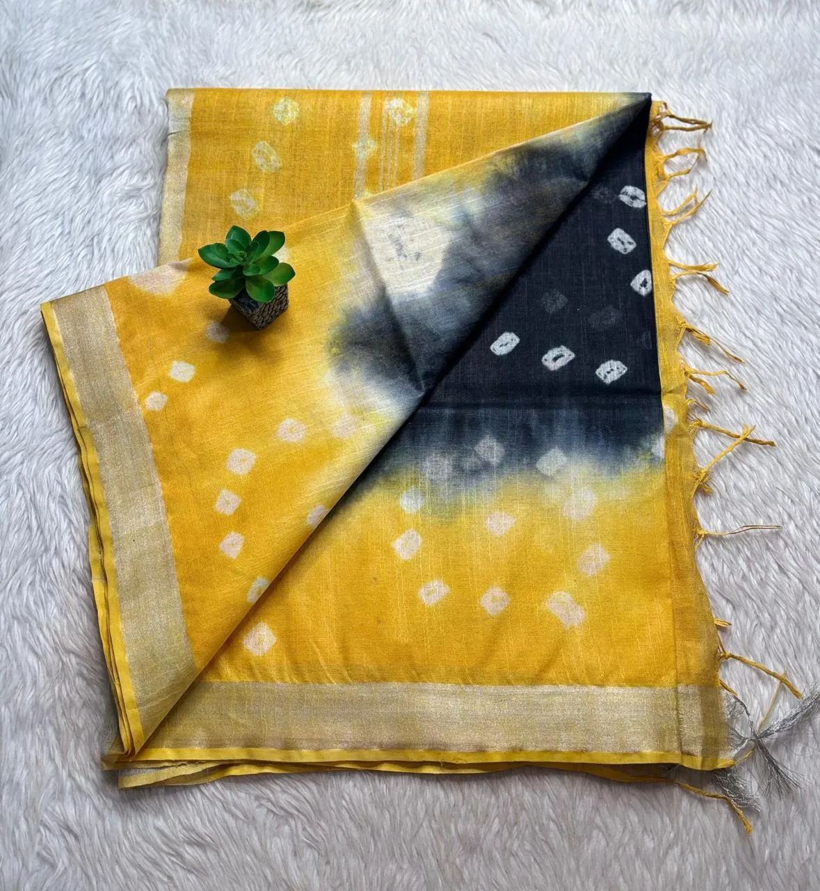 Linen cotton with running blouse-silver border-linen-Dark Blue with Yellow