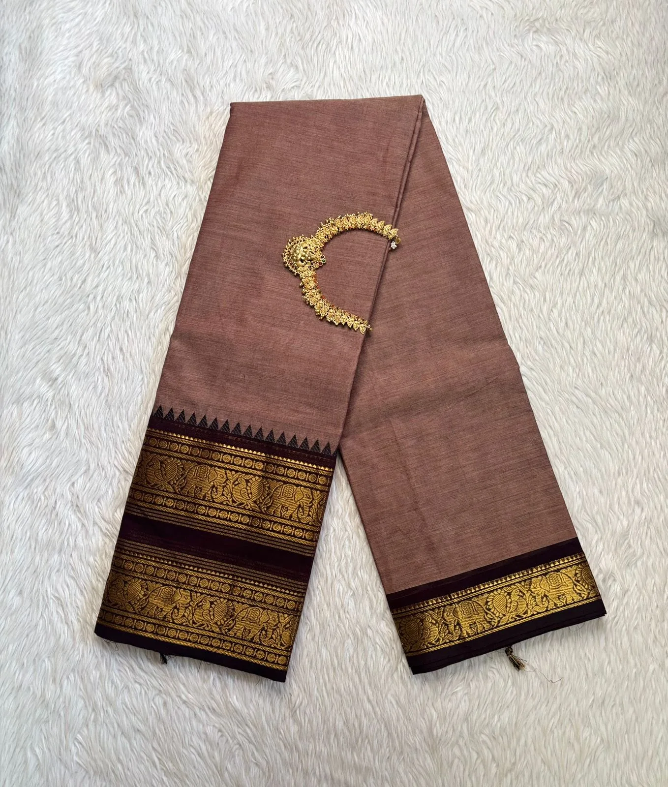 kanchi cotton saree with Running Blouse - Kanchi cotton -Chocolate brown