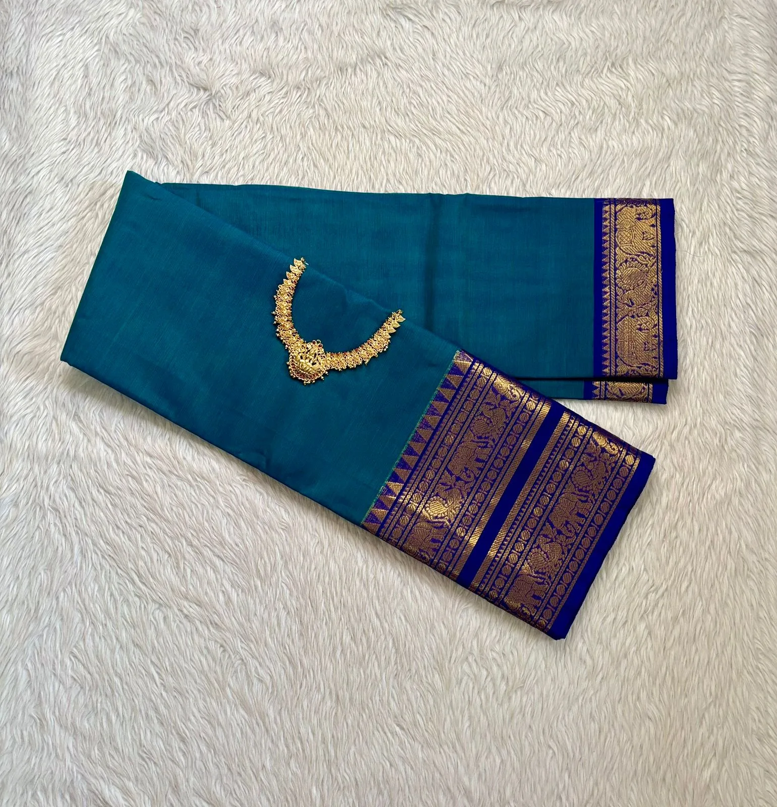 kanchi cotton saree with Running Blouse - Kanchi cotton -Peacock blue with blue