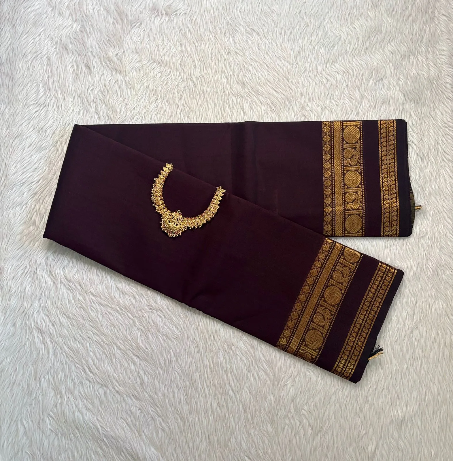 kanchi cotton saree with Running Blouse - Kanchi cotton -  Coffee brown small borderr