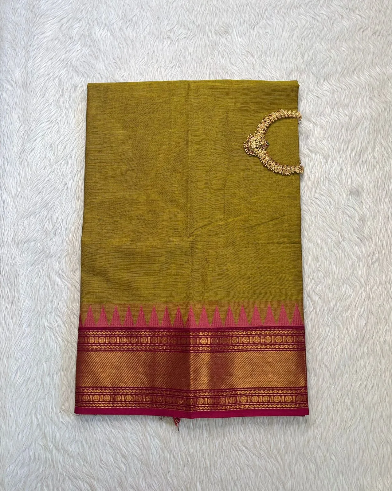 kanchi cotton saree with Running Blouse - Kanchi cotton -  Mehandi green with pink