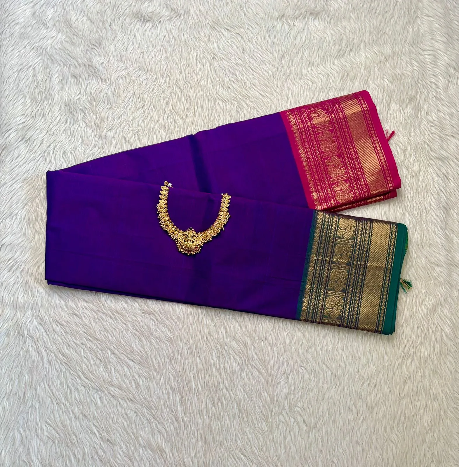 kanchi cotton saree with Running Blouse - Kanchi cotton - Ganga Jamuna Border -Purple Plain