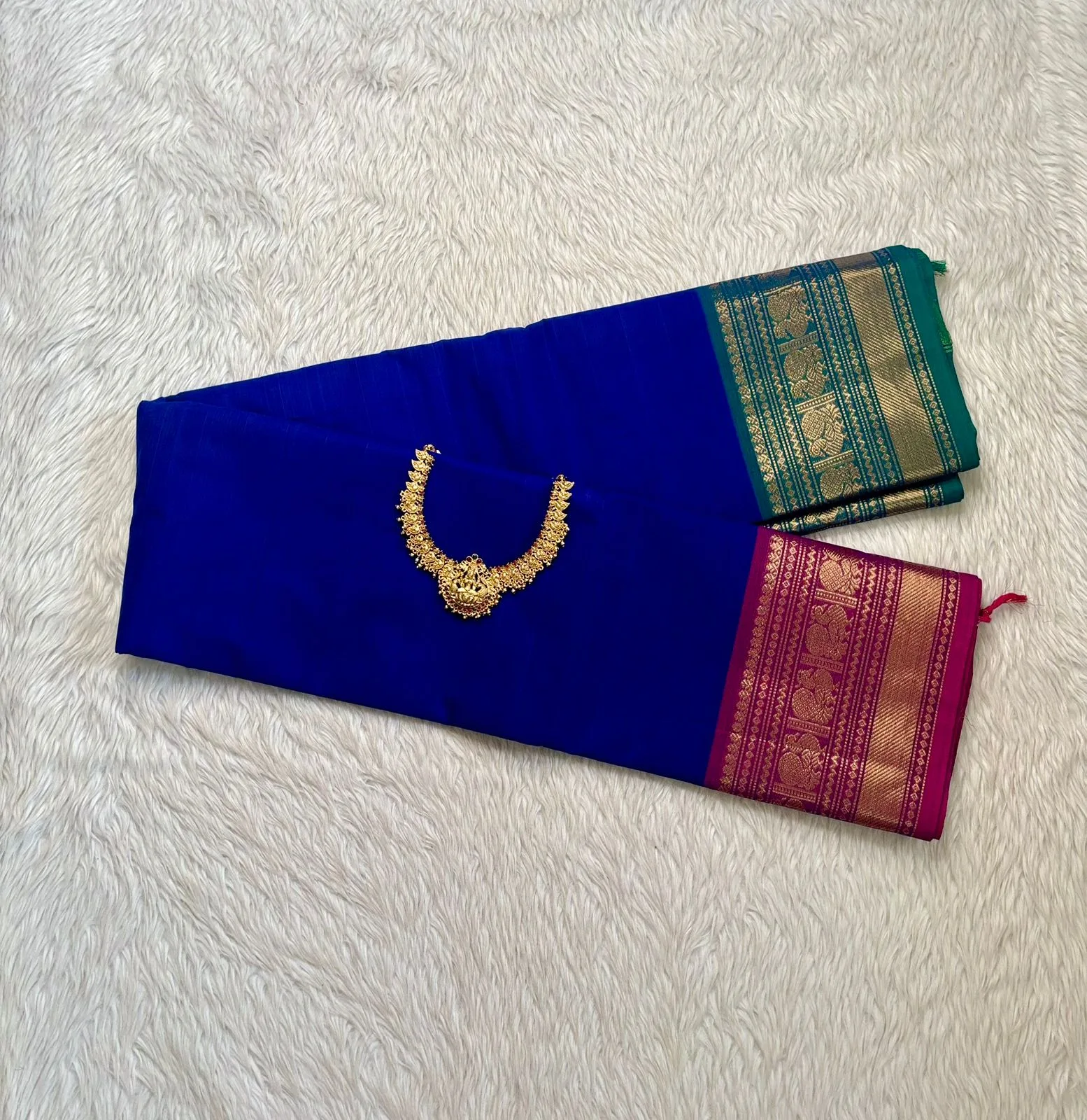 kanchi cotton saree with Running Blouse - Kanchi cotton - Ganga Jamuna Border -Blue Plain