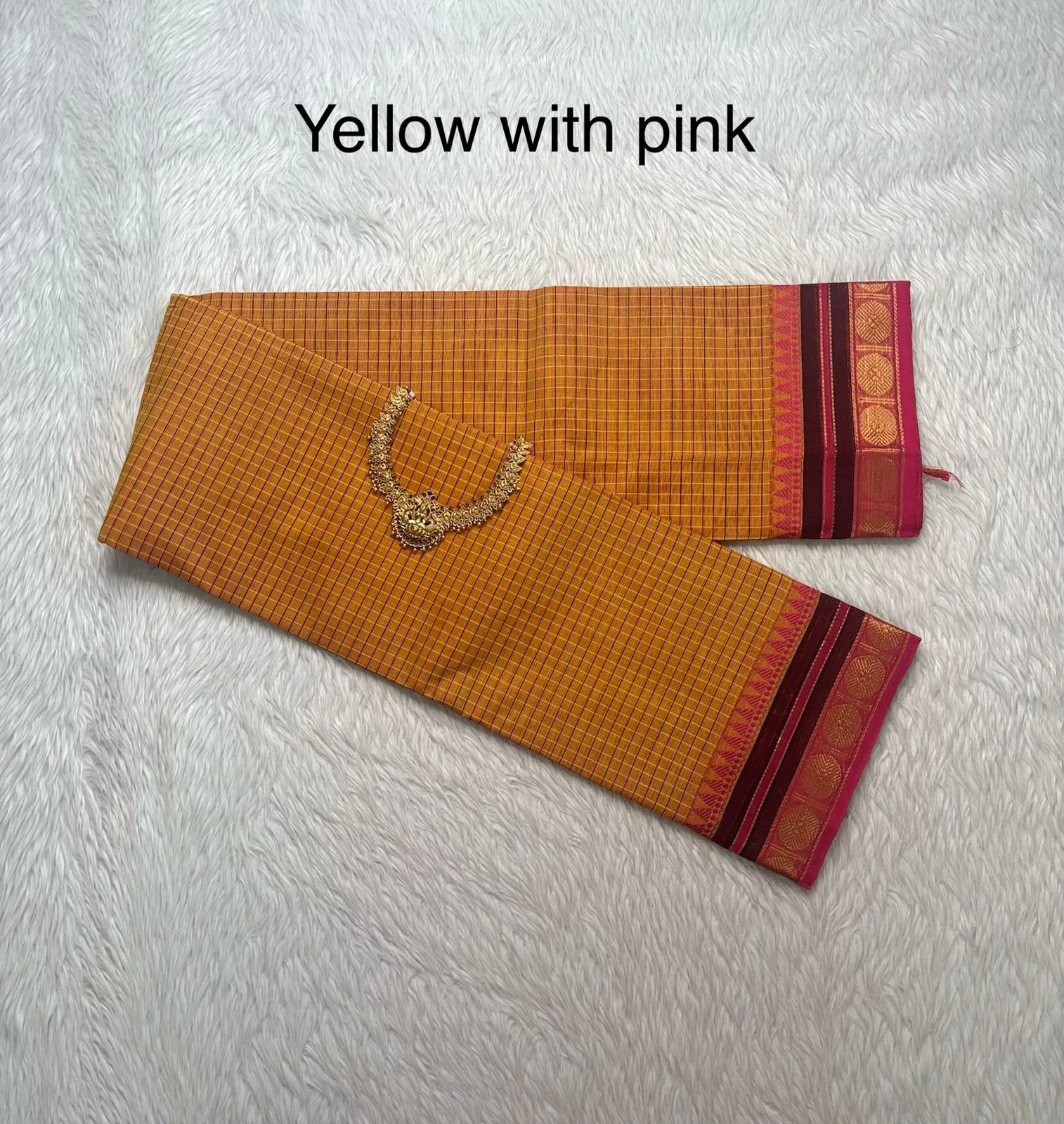 kanchi cotton saree with Running Blouse- Small  Border- Yellow with Pink Colour-kanchi Cotton