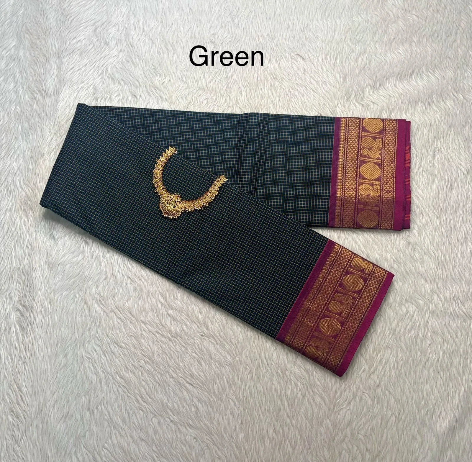 kanchi cotton saree with Running Blouse- Small  Border-Green Colour-kanchi Cotton