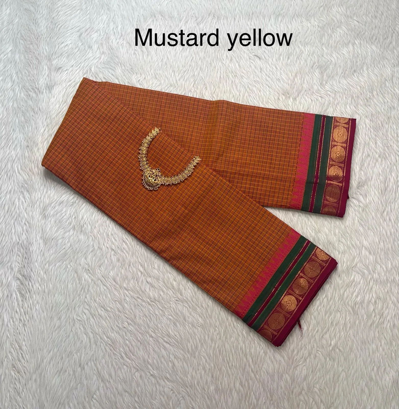 kanchi cotton saree with Running Blouse- Small  Border- Mustard Yellow Colour-kanchi Cotton