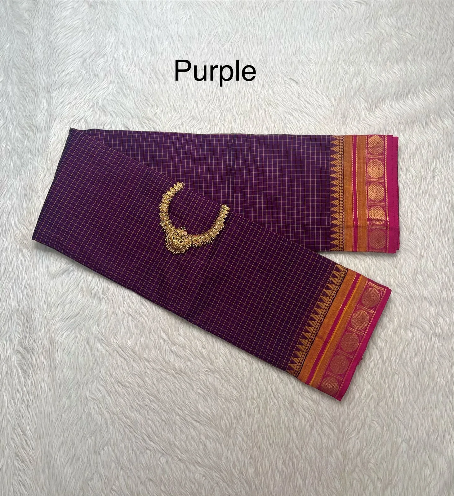 kanchi cotton saree with Running Blouse- Small  Border- Purple with Mustard and pinkColour-kanchi Cotton