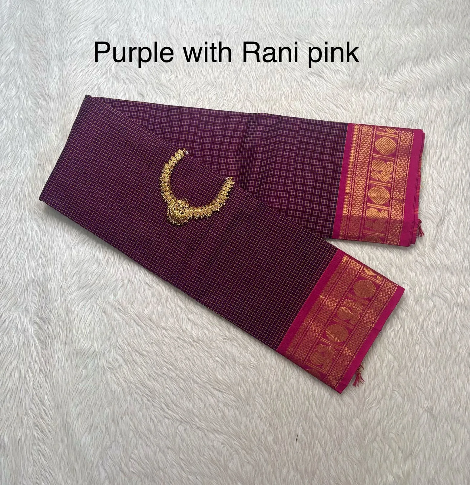 kanchi cotton saree with Running Blouse- Small  Border- Purple with Rani pinkColour-kanchi Cotton
