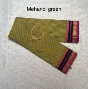 kanchi cotton saree with Running Blouse- Small  Border-Mehandi Colour-kanchi Cotton