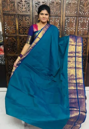 kanchi cotton saree with Running Blouse - Kanchi cotton -Peacock blue with blue