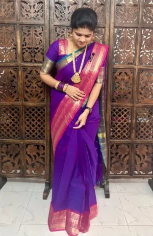 kanchi cotton saree with Running Blouse - Kanchi cotton - Ganga Jamuna Border -Purple Plain