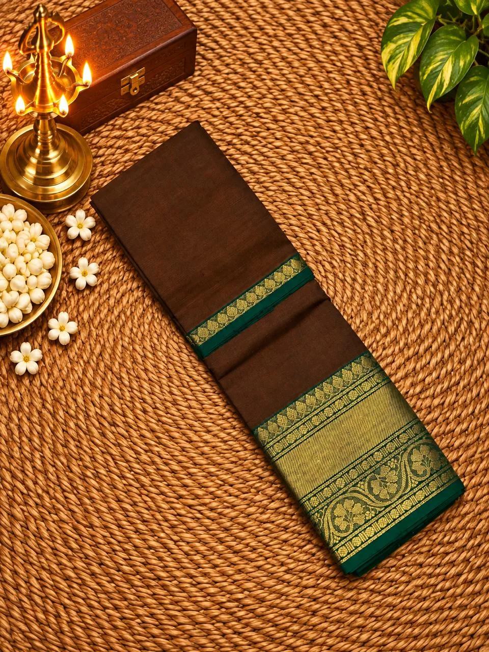 Chettinad Cotton Sarees - Brown - Without Blouse - 100 count saree