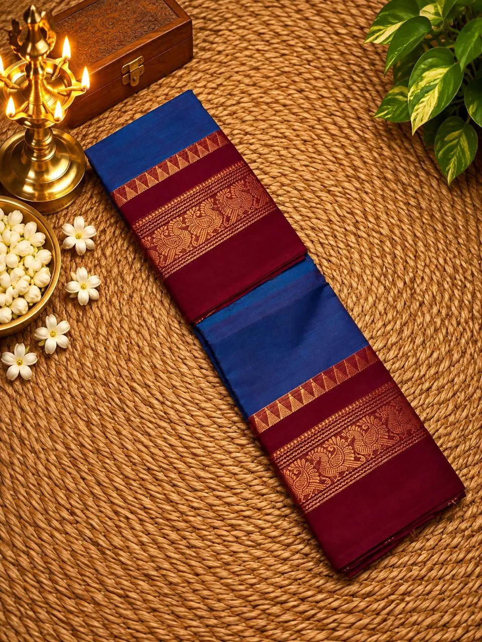 Chettinad Cotton Sarees - Blue with Red border - 100 count saree