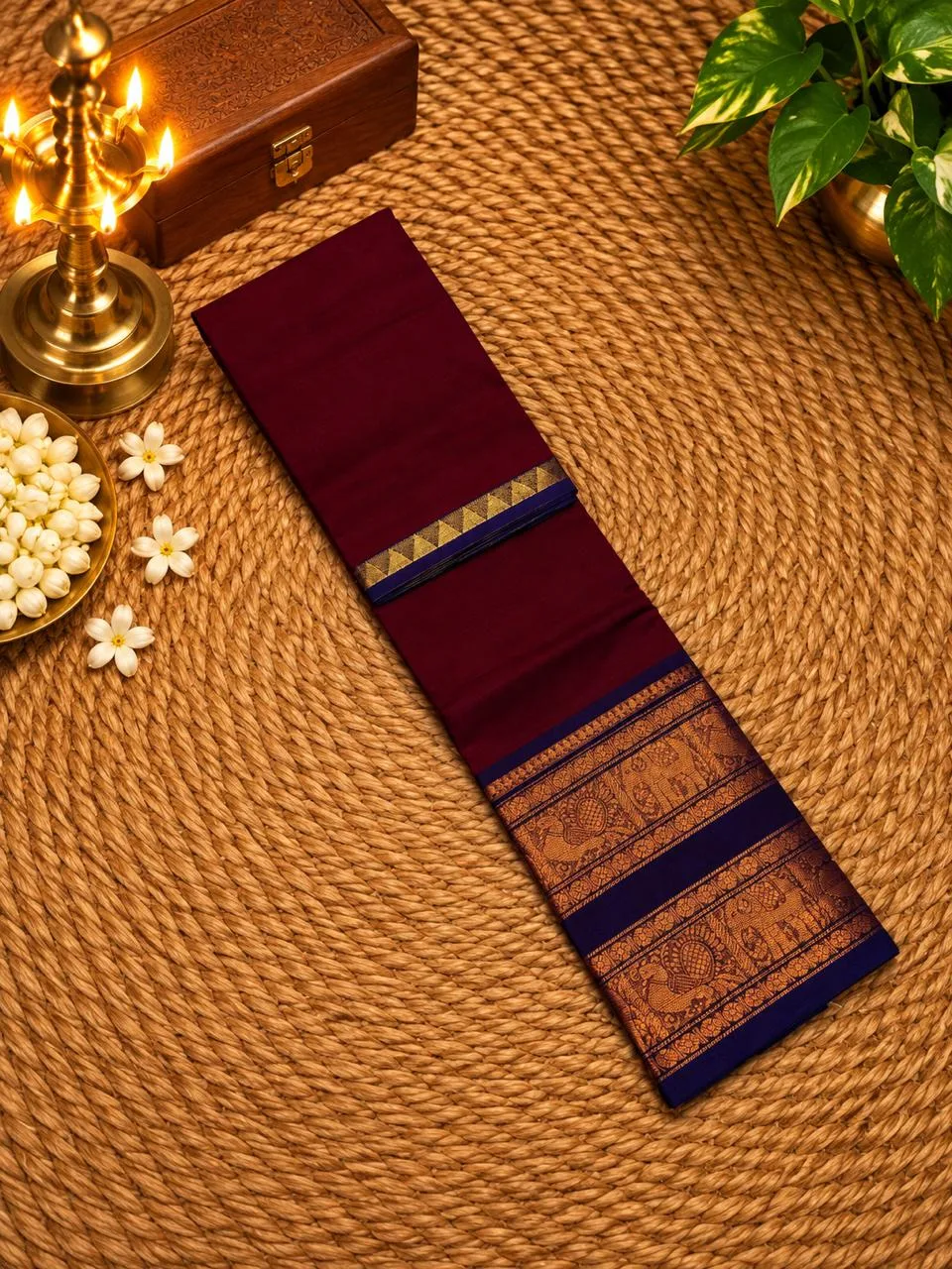Chettinad Cotton Sarees - Maroon - Without Blouse - 100 count saree