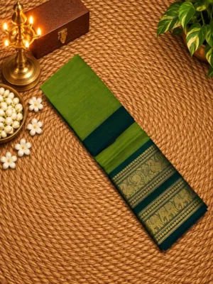 Chettinad Cotton Sarees - Parrot green - Without Blouse - 100 count saree