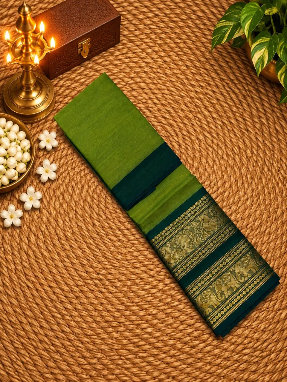 Chettinad Cotton Sarees - Parrot green - Without Blouse - 100 count saree