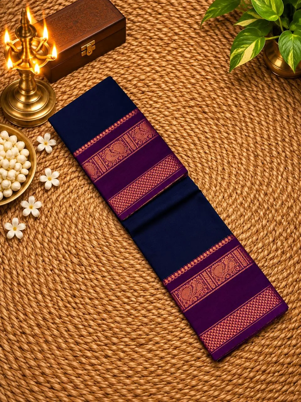 Chettinad Cotton Sarees - Navy blue with Mejantha pink border - 100 count saree