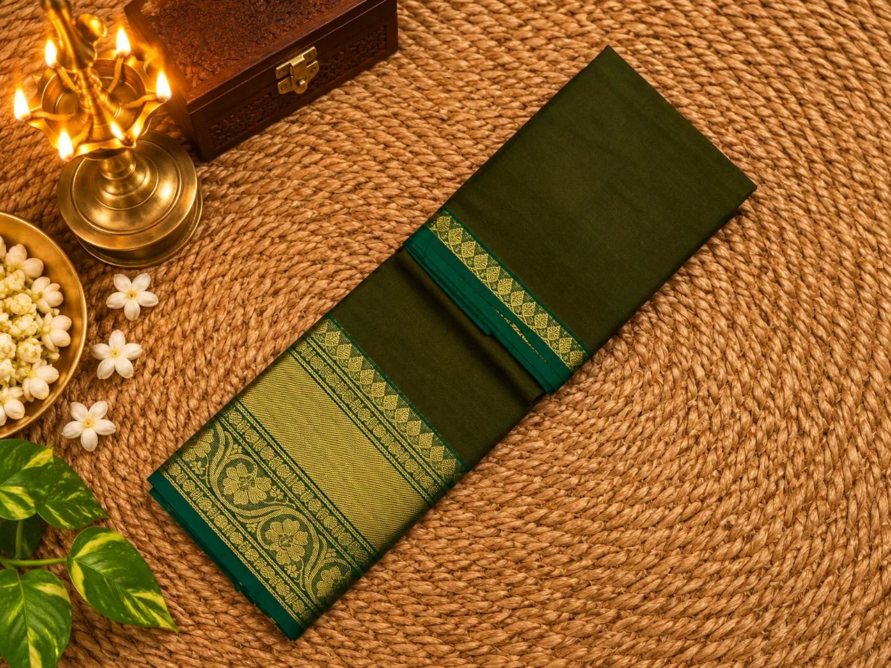 Chettinad Cotton Sarees - Mehandi Green - Without Blouse - 100 count saree