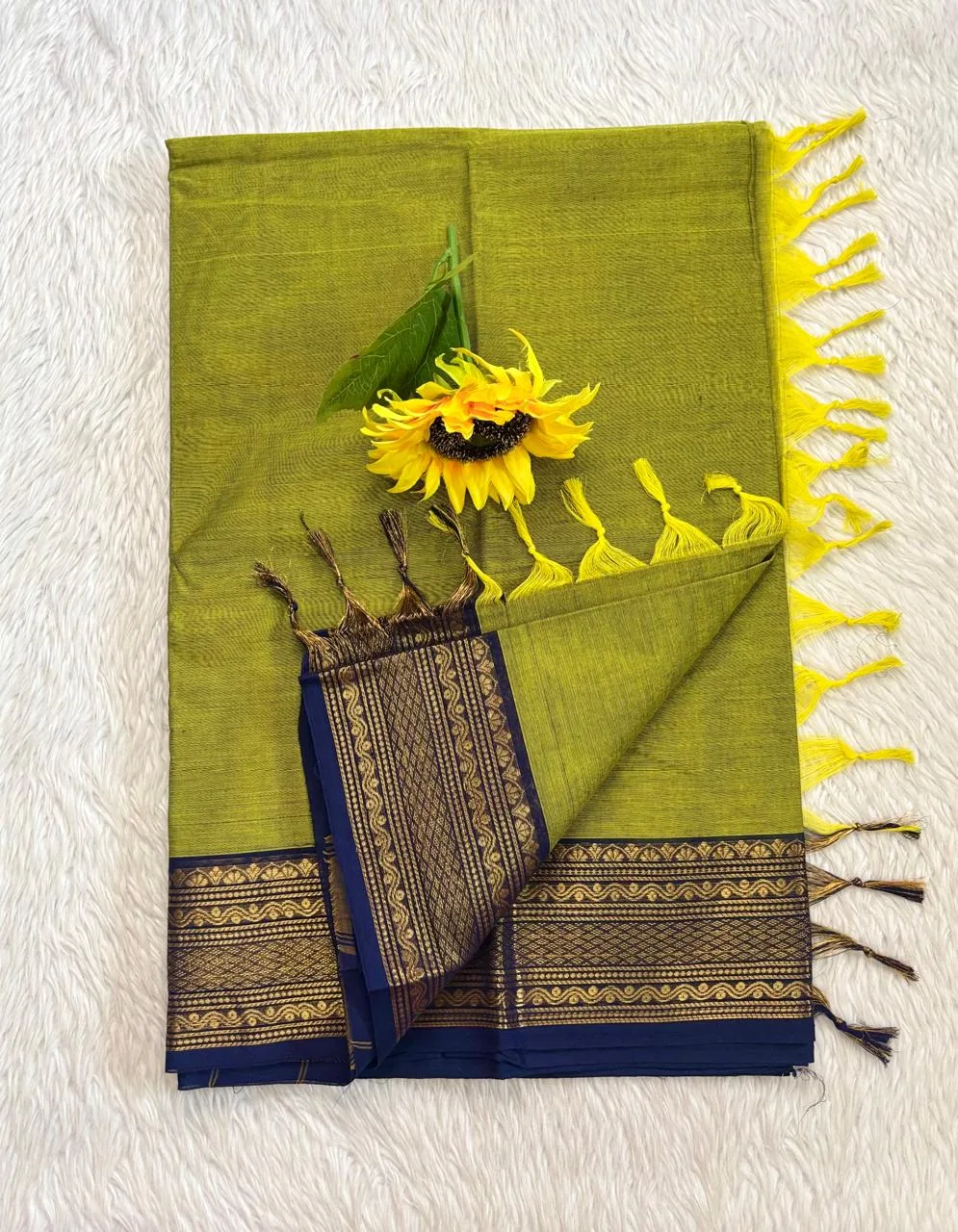 kanchi cotton saree with Running Blouse- Small  Border-Mehandi green with blue Colour-kanchi Cotton