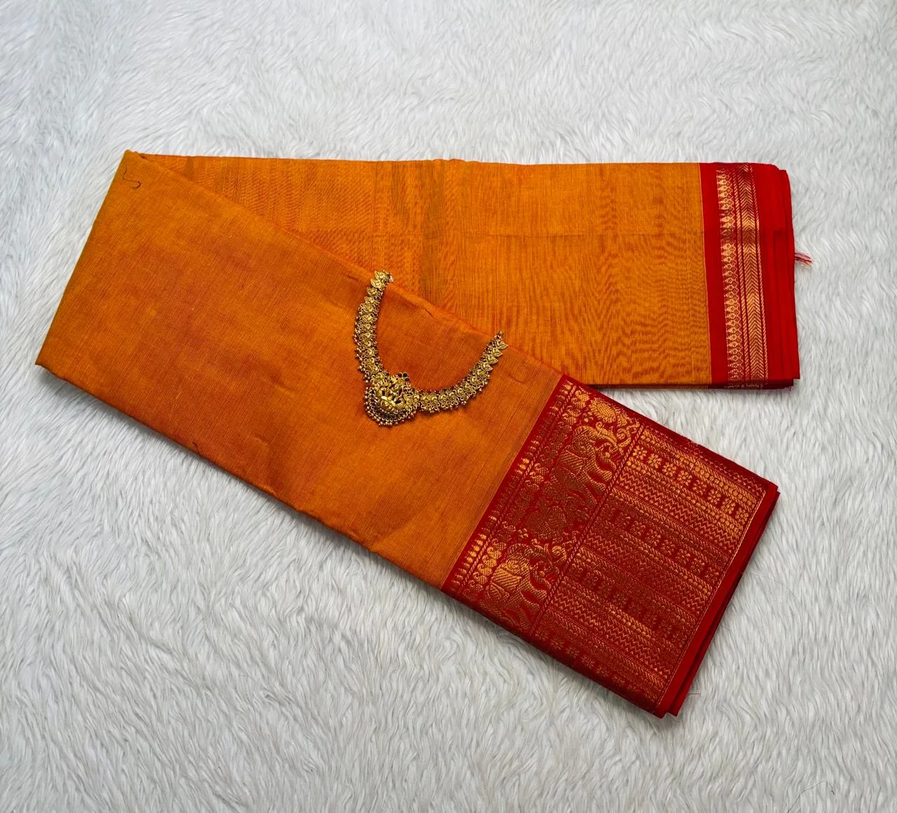 kanchi cotton saree with Running Blouse - Kanchi cotton -Yellowish orange with red(peacock border)