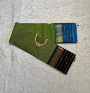 kanchi cotton saree with Running Blouse - Kanchi cotton - Ganga Jamuna Border -mehandi Green Green