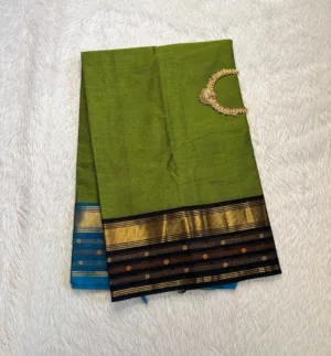 kanchi cotton saree with Running Blouse - Kanchi cotton - Ganga Jamuna Border -mehandi Green Green
