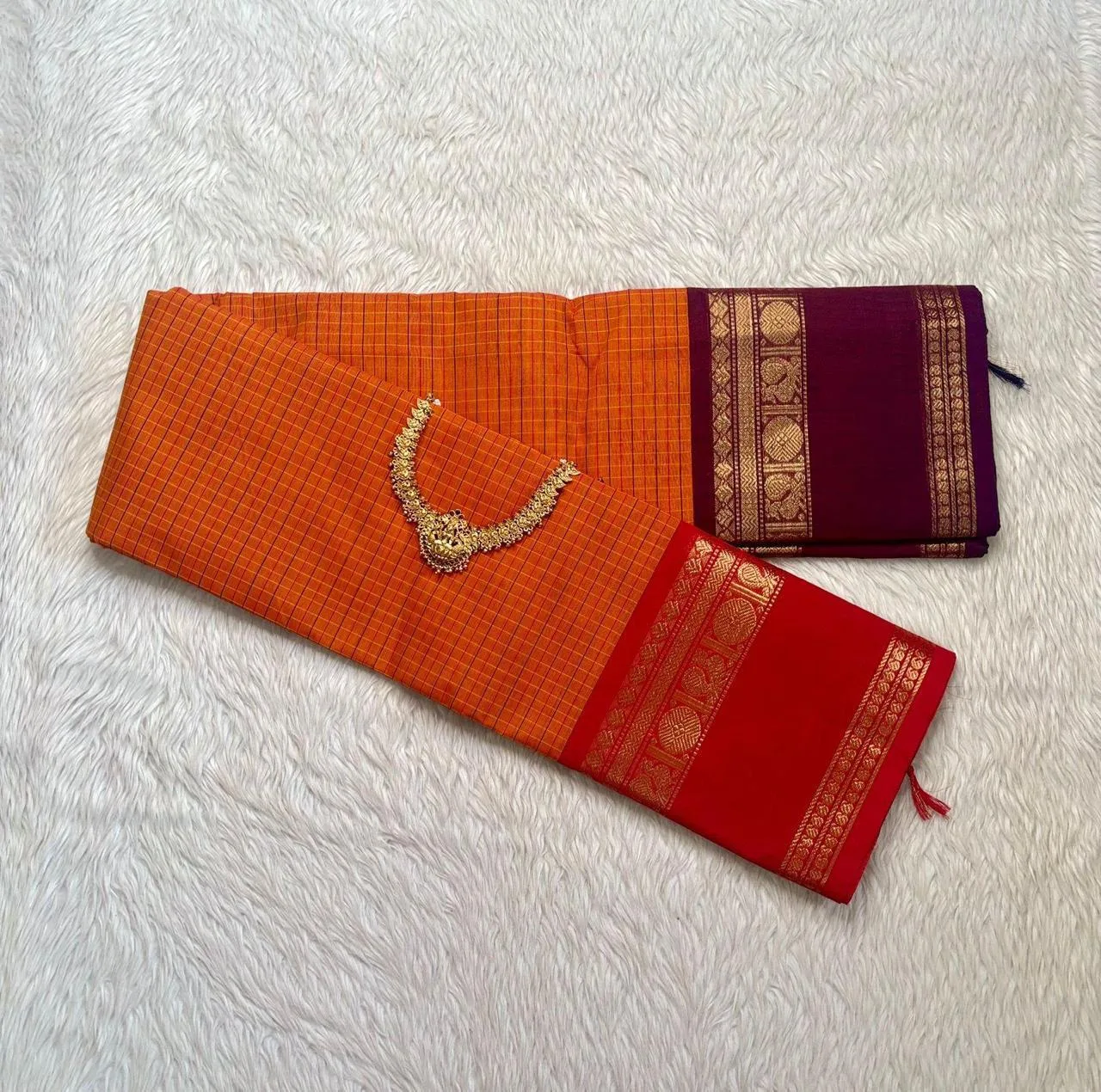 kanchi cotton saree with Running Blouse- Ganga Jamuna Border- Orange Red (Ready to Dispatch)