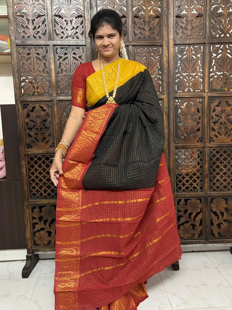 kanchi cotton saree with Running Blouse- Ganga Jamuna Border- Black -Ready to Dispatch