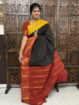 kanchi cotton saree with Running Blouse- Ganga Jamuna Border- Black -Ready to Dispatch