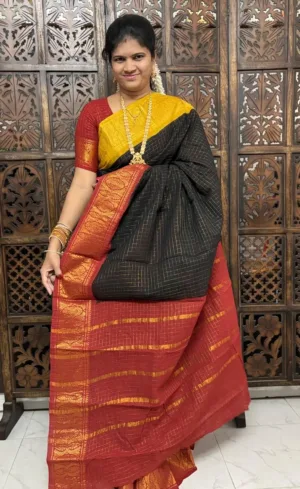kanchi cotton saree with Running Blouse- Ganga Jamuna Border- Black -Ready to Dispatch