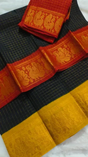 kanchi cotton saree with Running Blouse- Ganga Jamuna Border- Black -Ready to Dispatch