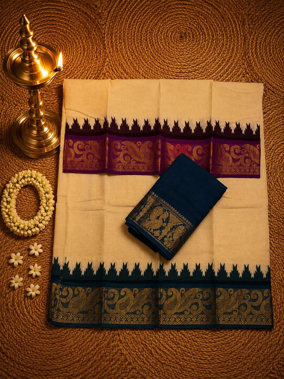Half white(Peacock blue and Purple border)