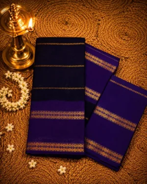 Kanchi Cotton Veludhari saree with Running Blouse- Navy blue with lavender