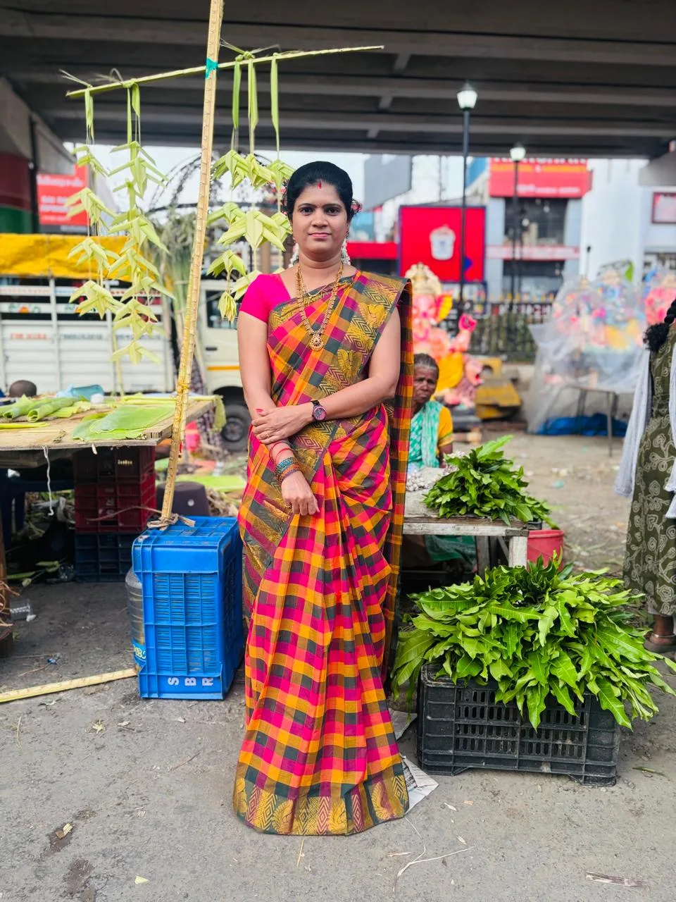Madras check saree - kanchi cotton saree with Extra(Sungudi) Blouse - Kanchi cotton - Multicolor Madras check saree