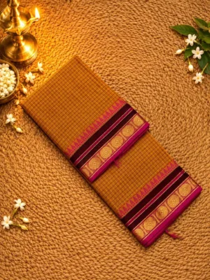kanchi cotton saree checked with Running Blouse- Small Border- Yellow with pink