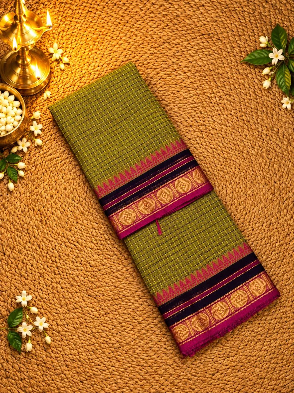 kanchi cotton saree checked with Running Blouse- Small Border- Mehandi green with pink