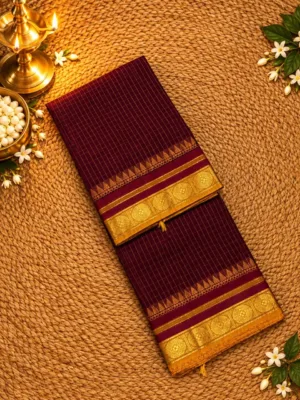 kanchi cotton saree checked with Running Blouse- Small Border- Maroon with yellow