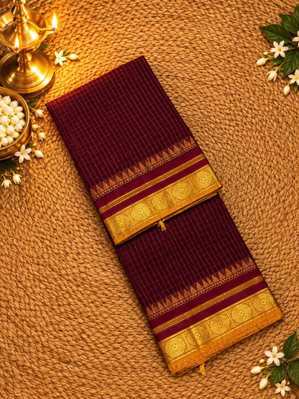 kanchi cotton saree checked with Running Blouse- Small Border- Maroon with yellow
