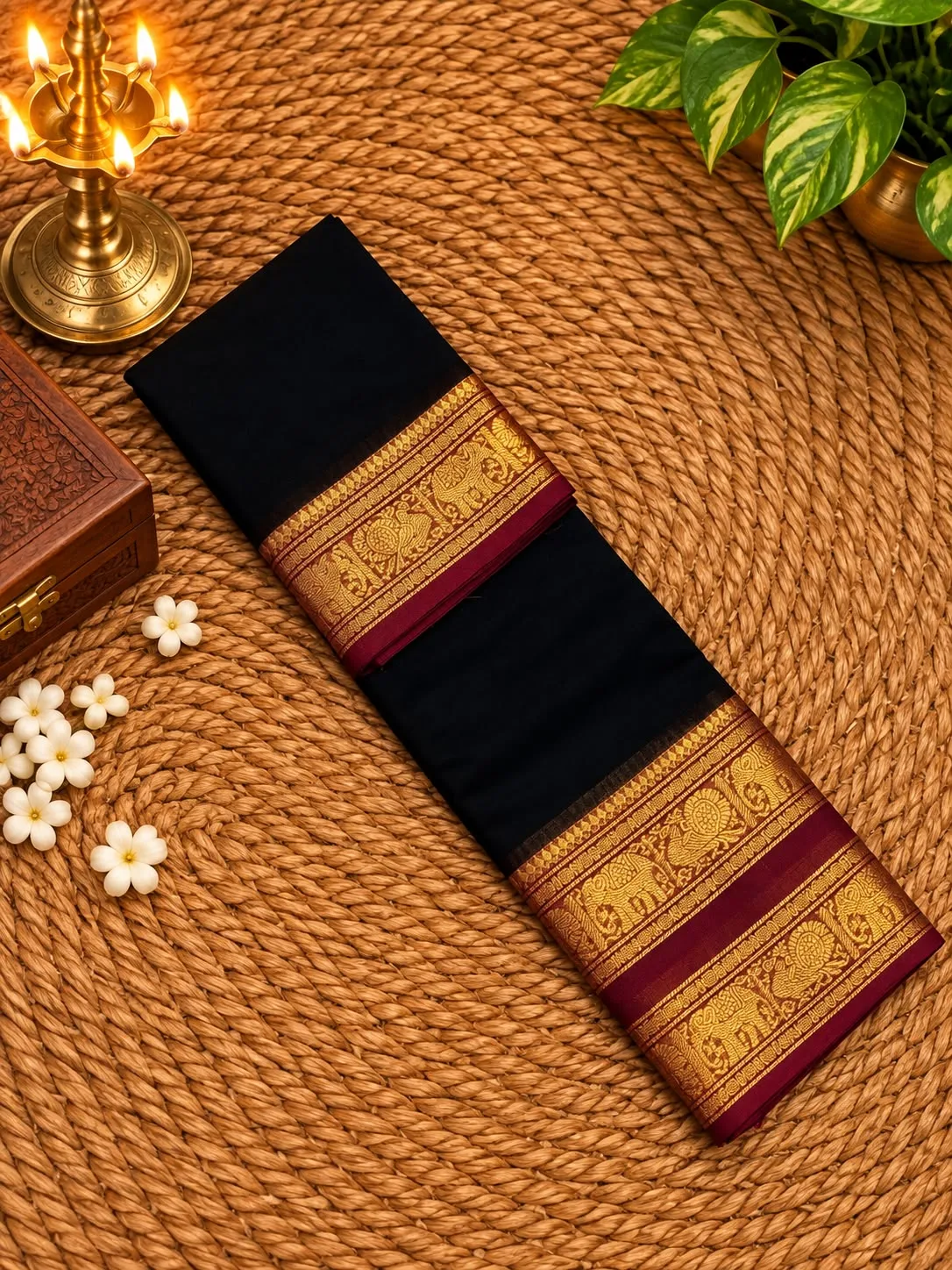 kanchi cotton saree with Running Blouse - Black with Red