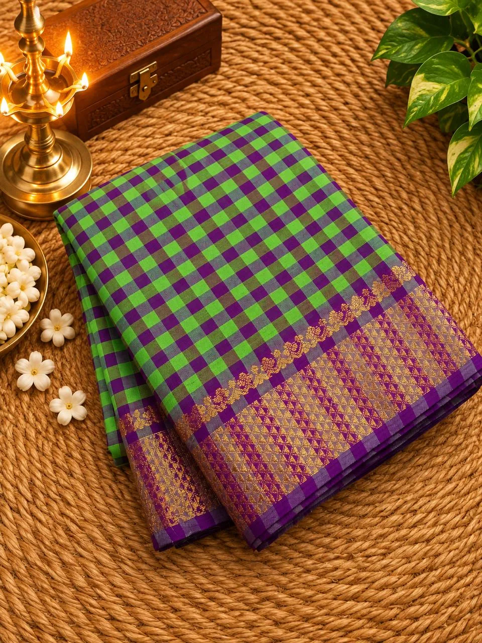Madras check saree - kanchi cotton saree with Extra(Sungudi) Blouse - Kanchi cotton - Green with purple Madras check saree