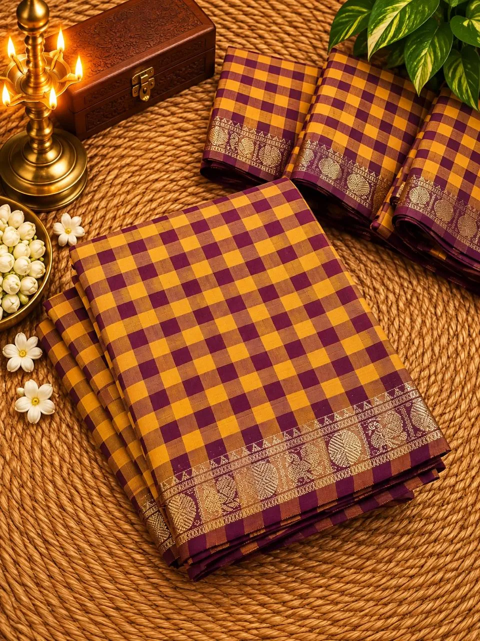 Madras check saree - kanchi cotton saree with Extra(Sungudi) Blouse - Kanchi cotton - Yellow Madras check saree