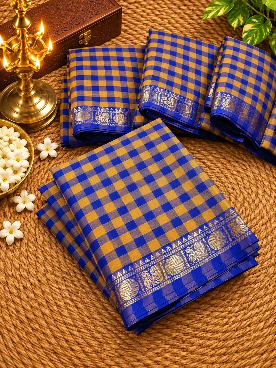 Madras check saree - kanchi cotton saree with Extra(Sungudi) Blouse - Kanchi cotton - Blue with yellow Madras check saree