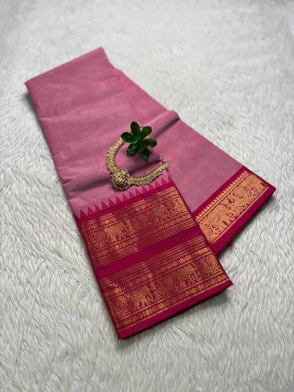 kanchi cotton saree with Running Blouse - Baby pink with Rani pink