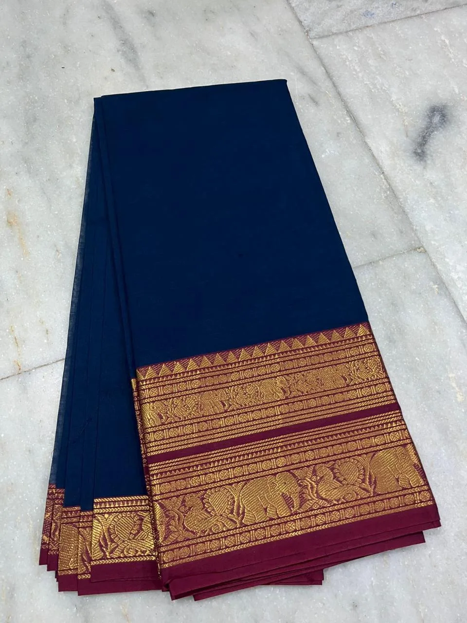 kanchi cotton saree with Running Blouse - Blue with Red