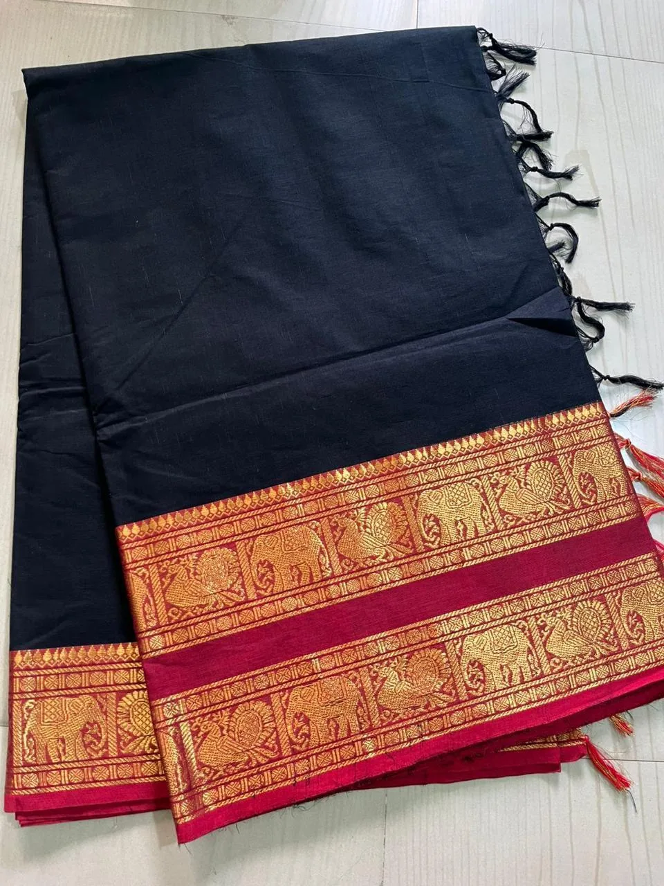 kanchi cotton saree with Running Blouse - Black with Red