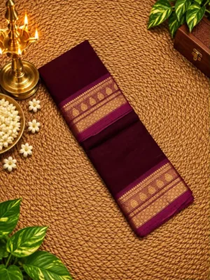 kanchi cotton saree with Running Blouse - Maroon with Rani pink