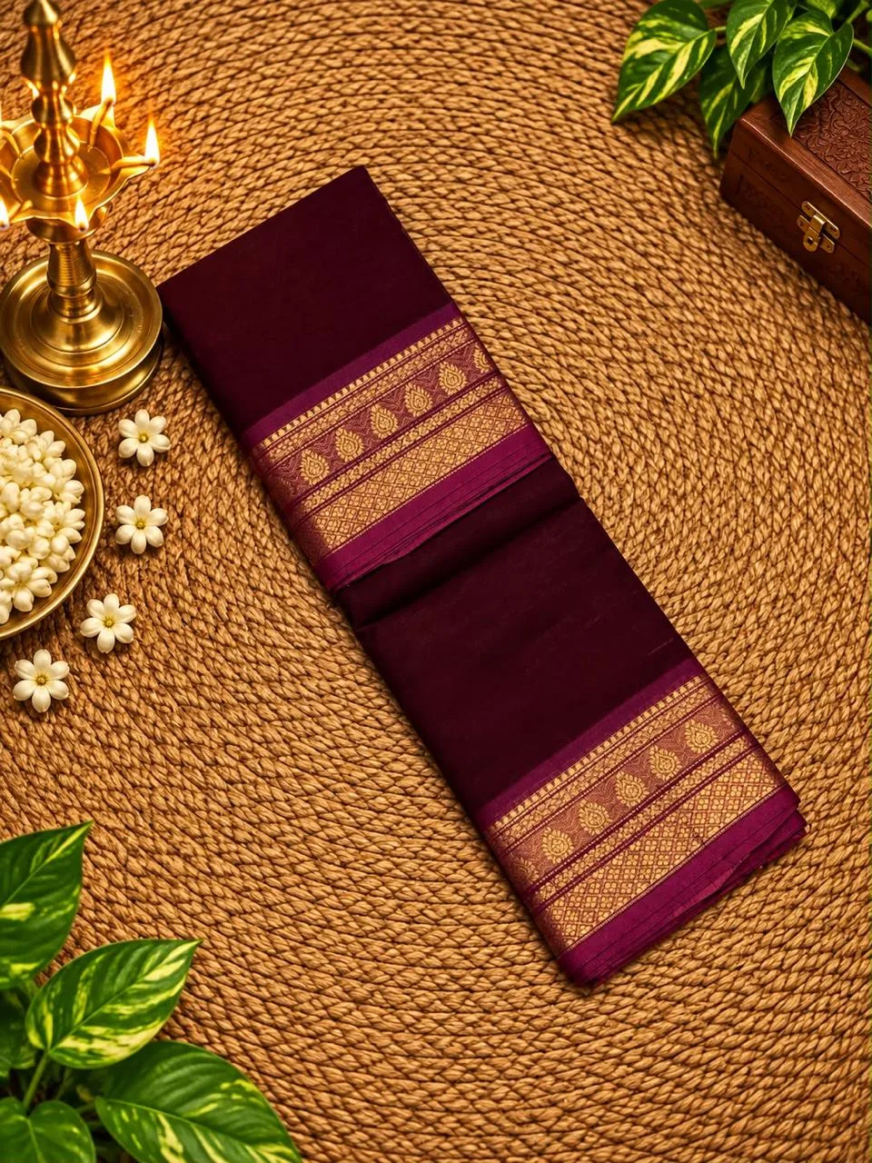kanchi cotton saree with Running Blouse - Maroon with Rani pink