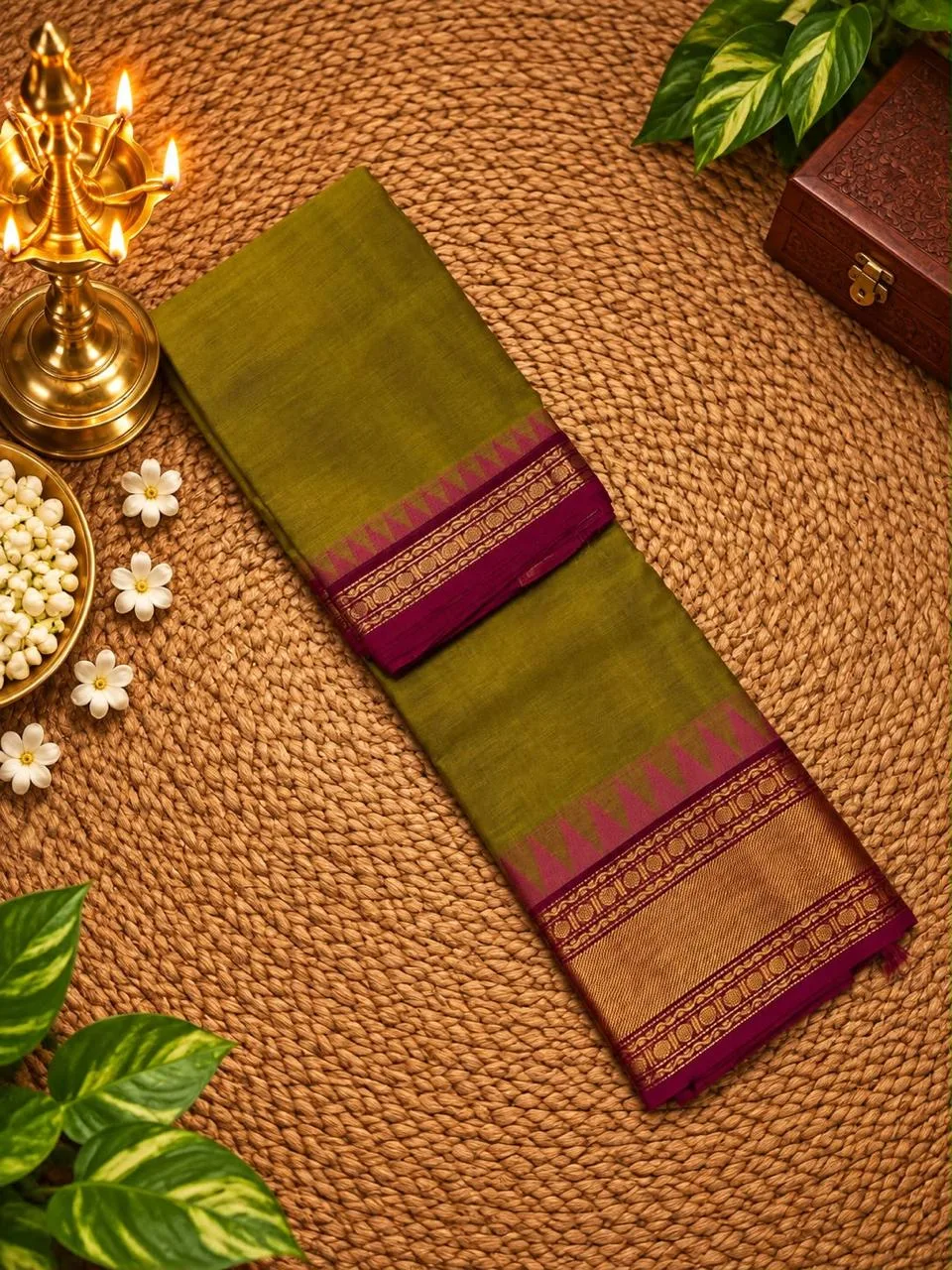 kanchi cotton saree with Running Blouse - Mehandi green with Rani pink