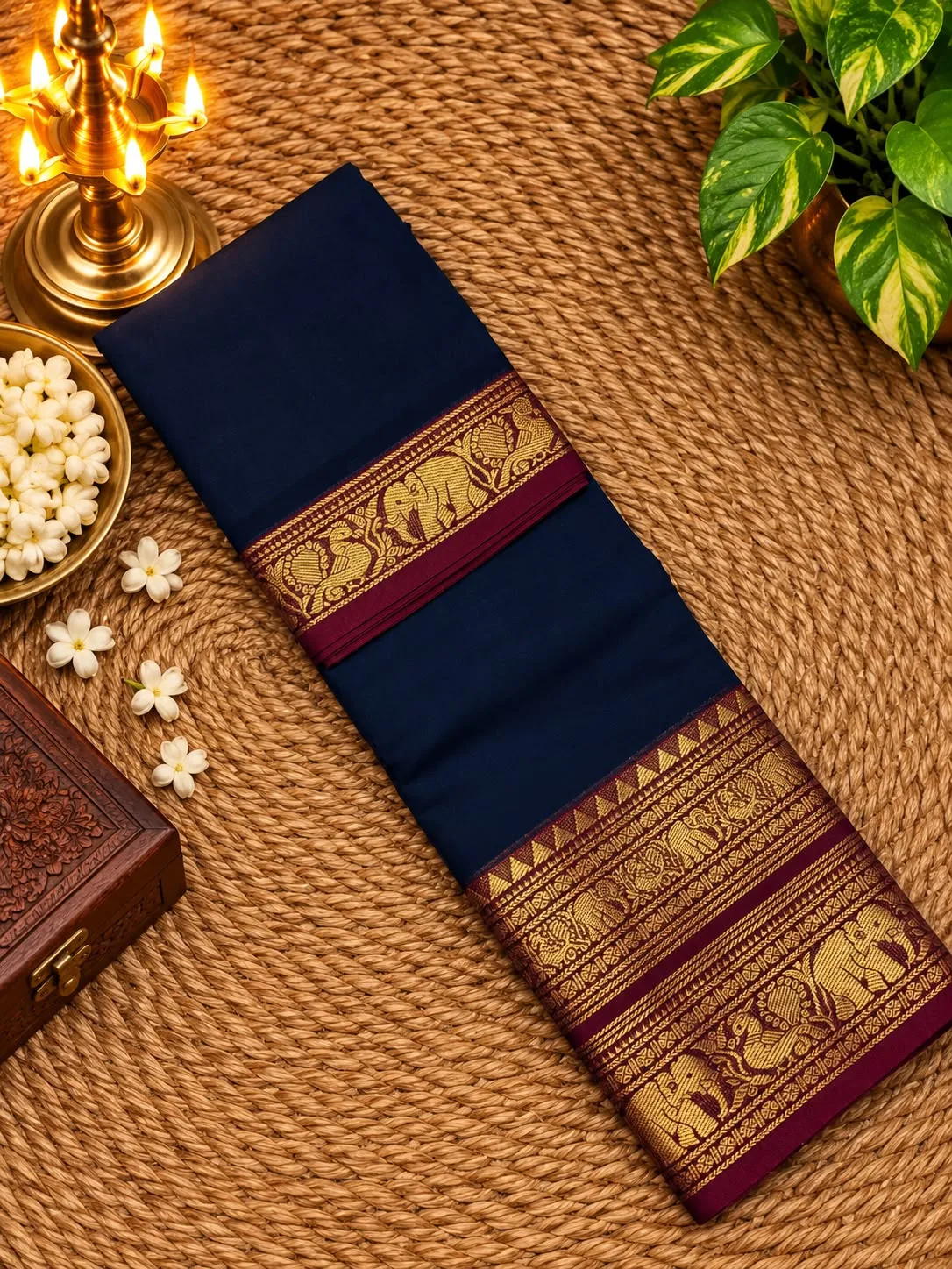kanchi cotton saree with Running Blouse - Blue with Red